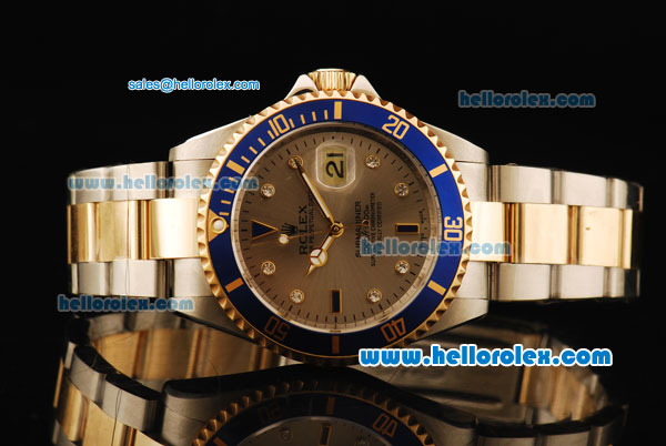 Rolex Submariner Rolex 3135 Automatic Movement Grey Dial with Blue Bezel and Two Tone Strap-18k Gold Strap Links - Click Image to Close
